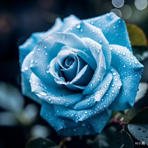 Cyan Field: Close-Up Shot of a Dewy Rose in a Romantic Atmosphere