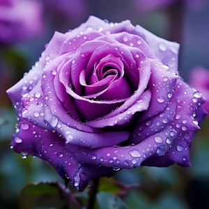 Purple, a field of blooming roses, close-up shot of a single rose with dew drops on its petals, soft and romantic atmosphere ar 1:1 v 5.1