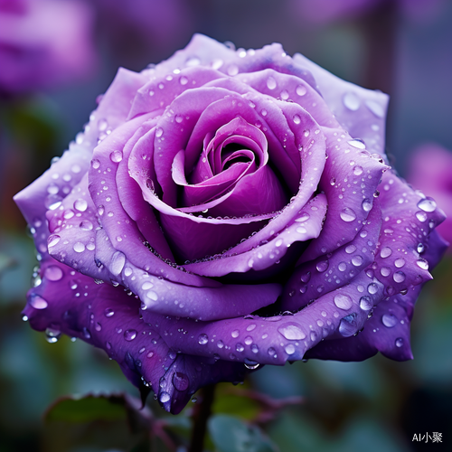 Purple Blooming Roses Close-Up with Dew Drops