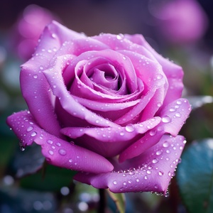 Purple, a field of blooming roses, close-up shot of a single rose with dew drops on its petals, soft and romantic atmosphere ar 1:1 v 5.1