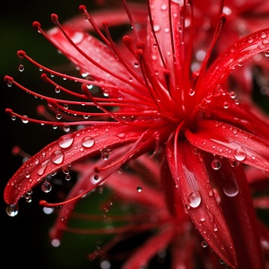 Red, a field of blooming Spider Lily, close-up shot of a single Spider Lily with dew drops on its petals, soft and romantic atmosphere ar 1:1 v 5.1