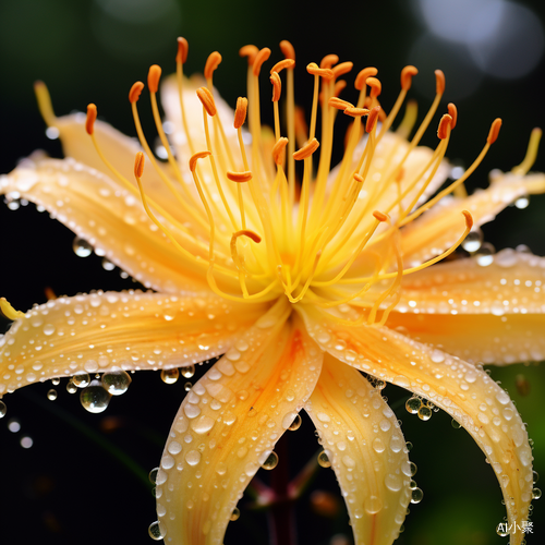 Romantic Close-up of Dew-covered Spider Lily in a Yellow Field