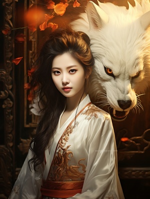 fox demon, Domineering, The picture is full of stories,single exposure, ancient China, a beautiful long-haired Chinese Tang Dynasty Asian girl, 20 years old, with a white fox, Sharp eyes, fairy clan,Paulina Washington'sethereal portrait style. Pave the way for light and shadow.Chinese style, ancient style, rvan mcginlevayered fiberstyle color veil printing, mike Campau, a touch of whitepowder. The Art of Light Painting, exploring minimalistcompositions, the beauty of light and reflections in yarns,creat