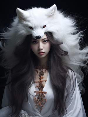 fox demon, Domineering, The picture is full of stories,single exposure, ancient China, a beautiful long-haired Chinese Tang Dynasty Asian girl, 20 years old, with a white fox, Sharp eyes, fairy clan,Paulina Washington'sethereal portrait style. Pave the way for light and shadow.Chinese style, ancient style, rvan mcginlevayered fiberstyle color veil printing, mike Campau, a touch of whitepowder. The Art of Light Painting, exploring minimalistcompositions, the beauty of light and reflections in yarns,creat