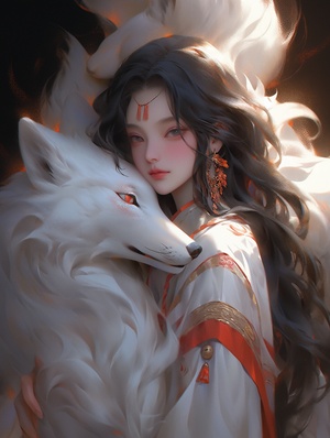 fox demon, Domineering, The picture is full of stories,single exposure, ancient China, a beautiful long-haired Chinese Tang Dynasty Asian girl, 20 years old, with a white fox, Sharp eyes, fairy clan,Paulina Washington'sethereal portrait style. Pave the way for light and shadow.Chinese style, ancient style, rvan mcginlevayered fiberstyle color veil printing, mike Campau, a touch of whitepowder. The Art of Light Painting, exploring minimalistcompositions, the beauty of light and reflections in yarns,creat