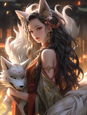 fox demon, Domineering, The picture is full of stories,single exposure, ancient China, a beautiful long-haired Chinese Tang Dynasty Asian girl, 20 years old, with a white fox, Sharp eyes, fairy clan,Paulina Washington'sethereal portrait style. Pave the way for light and shadow.Chinese style, ancient style, rvan mcginlevayered fiberstyle color veil printing, mike Campau, a touch of whitepowder. The Art of Light Painting, exploring minimalistcompositions, the beauty of light and reflections in yarns,creat