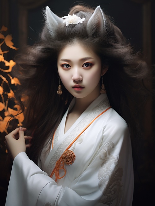 fox demon, Domineering, The picture is full of stories,single exposure, ancient China, a beautiful long-haired Chinese Tang Dynasty Asian girl, 20 years old, with a white fox, Sharp eyes, fairy clan,Paulina Washington'sethereal portrait style. Pave the way for light and shadow.Chinese style, ancient style, rvan mcginlevayered fiberstyle color veil printing, mike Campau, a touch of whitepowder. The Art of Light Painting, exploring minimalistcompositions, the beauty of light and reflections in yarns,creat