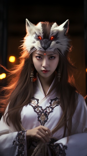 fox demon, Domineering, The picture is full of stories,single exposure, ancient China, a beautiful long-haired Chinese Tang Dynasty Asian girl, 20 years old, with a white fox, Sharp eyes, fairy clan,Paulina Washington'sethereal portrait style. Pave the way for light and shadow.Chinese style, ancient style, rvan mcginlevayered fiberstyle color veil printing, mike Campau, a touch of whitepowder. The Art of Light Painting, exploring minimalistcompositions, the beauty of light and reflections in yarns,creat