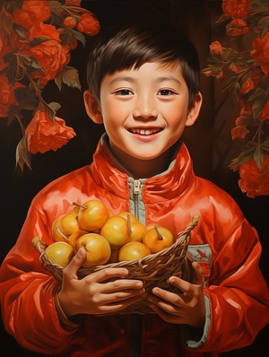 国画，中国年画，中国送财童子抱着金元宝，喜庆的红色背景，传统中国年画，8k，超精细，丰富细节