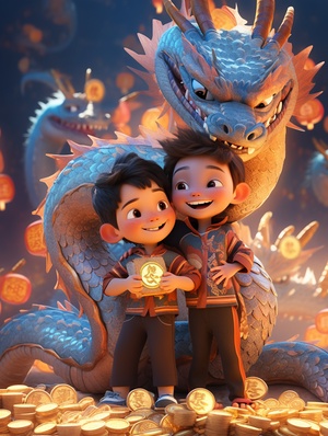 Chinese New Year: Two Cute Boys Holding a Chinese Dragon