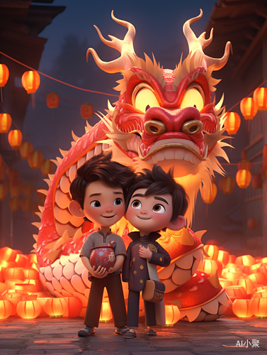 Chinese New Year: Two Cute Boys Holding a Chinese Dragon