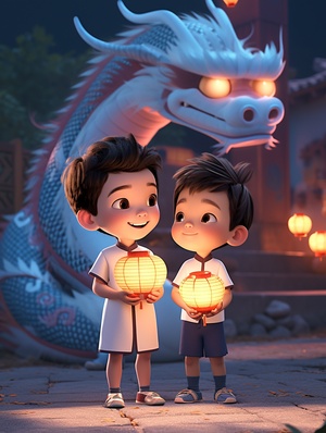 Chinese New Year: Two Cute Boys Holding a Chinese Dragon