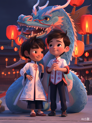 Chinese New Year: Two Cute Boys Holding a Chinese Dragon