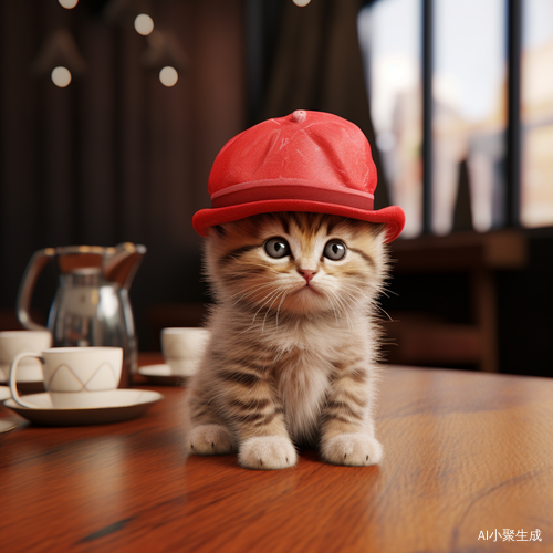 小猫咪穿红色财神帽和小衣服站立在桌子上