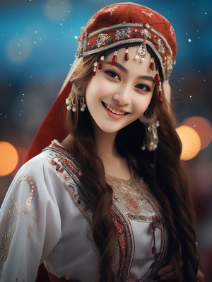 A beautiful Chinese girl with big eyes, wearing the classic Xinjiang costumes, dancing happily with an elegant smile.32k s 700 v 6.0