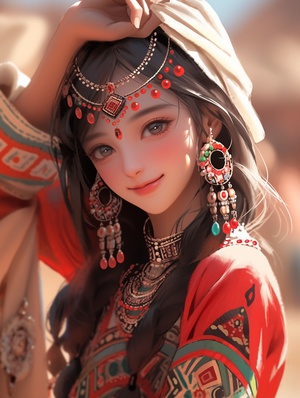 A beautiful Chinese girl with big eyes, wearing the classic Xinjiang costumes, dancing happily with an elegant smile.32k s 700 v 6.0