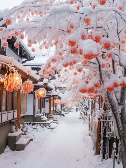 这是一个非常美丽的冬天雪景，山里的村庄被大雪覆盖，白色的柿子树，许多红色的果子，冰花，许多平房和树木被厚厚的积雪覆盖，门前悬挂大红灯笼，迎接新年，大雪花在橙色路灯的照射下翩翩起舞，背景是蓝色的，视角超现实，超广角，摄影明亮柔和，意境优美，高清，8k，高清