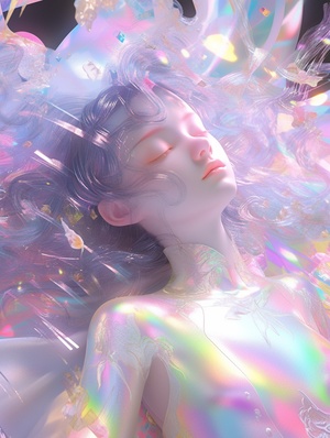 Existentialism, simulation, multiverse, fractals, a lovely girl floating in space, astral plane, milky, aether scene,translucent, glitter, ethereal, pastel colors, holographic,style prism ultra 32k, sharp photography, cinematic, volumetric lighting, intricate detailsncept art, realistic,