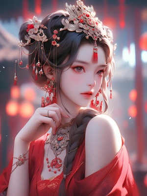 Character photography blockbuster,ancient style,sacred, solemn, a Chinese girl's face is exquisite and beautiful,like a fairy in a mural, her movements are relaxed, her clothing is gorgeous, the color tone of cinnabar red is super realistic, the texture is delicate and realistic, super clear -32K