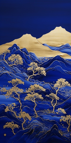 Klein blue, Chinese embroidery craft of gold blue mountains, Pavilions and trees, gild,Liquid gold flowing, Minimal color field, Freehand brushwork, blank-leaving, Organic form, Simple bluebackground ar 3:4 v 6