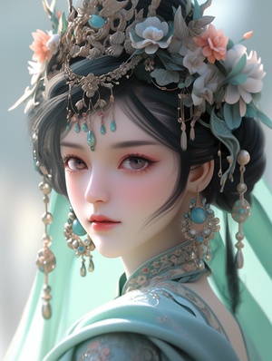 Traditional Chinese Girls with Turquoise and Yellow Makeup