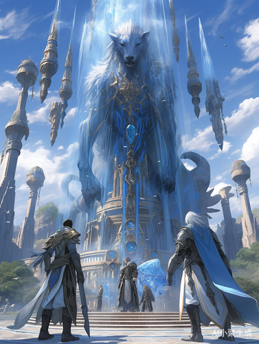 四人魔法小队与巨大雕塑，圣殿与晶蓝光柱