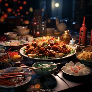 Chinese food, New Year's Eve dinner, sumptuous, movie lighting effects, 16K, extreme details ar 9:16 style raw stylize 250 v 6