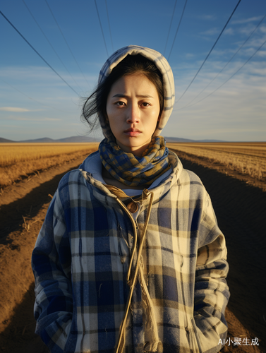 中国妇女在田野上的传统景观中的难过表情