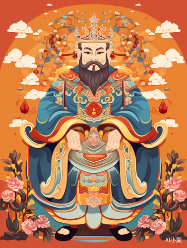 Flat Chinese God of Wealth in Traditional Printmaking