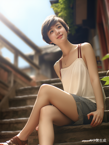 阳光短发中国女孩坐在台阶上