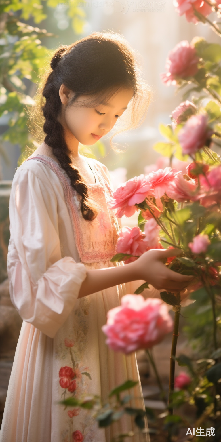 清晨花园，汉服小姑娘手捧玫瑰花祝早上好