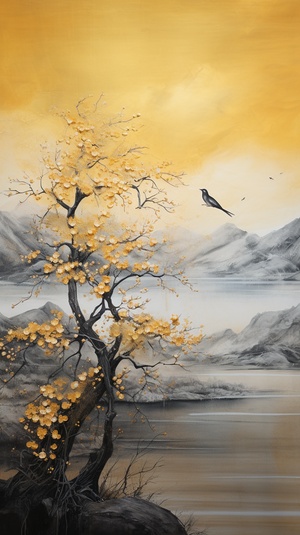 golden lark tree from lake whangarei, serenity and calm, plein air, norwegian nature, dark aquamarine and yellow, dramatic splendor, zen peace and harmony