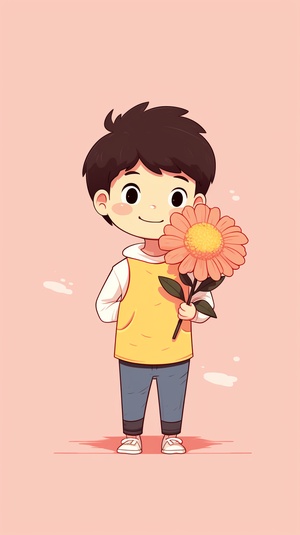 a cute cartoon image of a boy carrying a pink flower, in the style of gongbi, i can't believe how beautiful this is, animated gifs, genderless, dry wit humor, light yellow and dark amber, caricature like