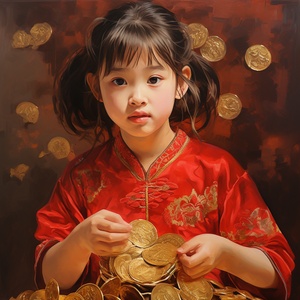 国画，中国年画，中国送财女童抱着金元宝，喜庆的红色背景，传统中国年画，8k，超精细，丰富细节