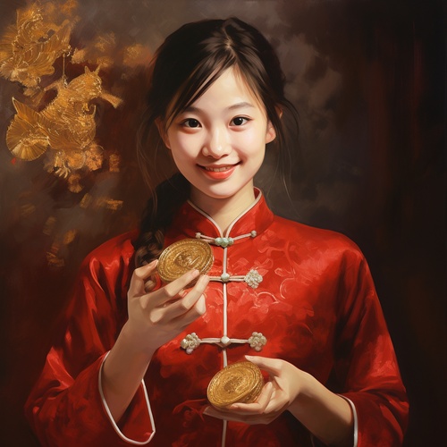 国画，中国年画，中国送财女童抱着金元宝，喜庆的红色背景，传统中国年画，8k，超精细，丰富细节