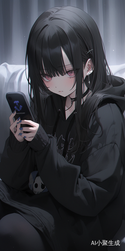 黑发少女床上玩手机