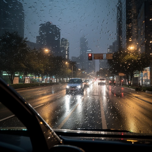 汽车车窗，雨滴，外面车水马龙，晚上，窗外可以看见灰蒙蒙的天，8k，超高清，视频艺术，谷歌玻璃，谷歌地图街景，西格玛10 - 20毫米，第一人称，颜色等级 iw 2 真实感 真实粗糙感