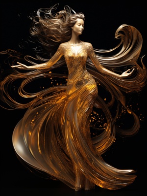 Golden Dress Women: Quantum Wave Dancer's Wings