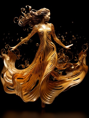 Woman in golden dress moves dancer's wings, in quantum wave trace, animated gif style, Chinese calligraphy effect, swirls, ornate, intricate lines, glass sculpture