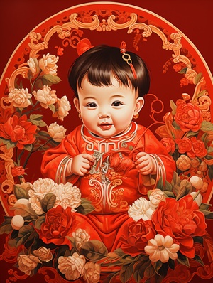 国画，中国年画，中国送财胖胖的可爱小女婴，喜庆的红色背景，传统中国年画，8k，超精细，丰富细节