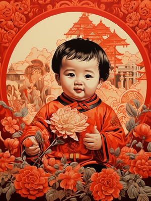 国画，中国年画，中国送财胖胖的可爱小女婴，喜庆的红色背景，传统中国年画，8k，超精细，丰富细节