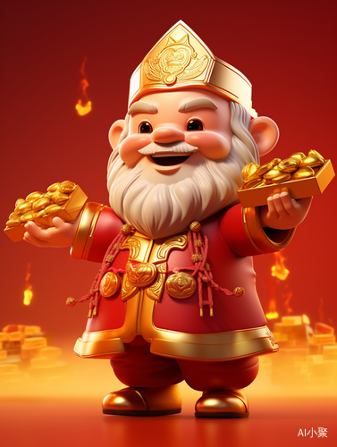 Cute Chinese God of Wealth with a Shiny Gold Ingot