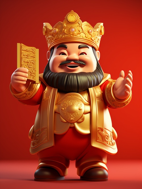 Cute Chinese God of Wealth,Holding a large shiny gold ingot in his hand,Smiling,full-length portrait,Red background. minimalist style,Simple and clean light,movie light,volume light,soft and advanced colors,Pixar style,bubble mart,3D, C4D, blender, chibi,dribble, pinterest, ultra detail,ultra precision. v 6