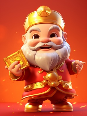 Cute Chinese God of Wealth,Holding a large shiny gold ingot in his hand,Smiling,full-length portrait,Red background. minimalist style,Simple and clean light,movie light,volume light,soft and advanced colors,Pixar style,bubble mart,3D, C4D, blender, chibi,dribble, pinterest, ultra detail,ultra precision. v 6