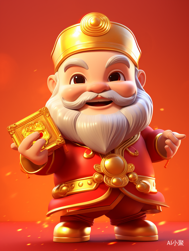 Cute Chinese God of Wealth with a Shiny Gold Ingot