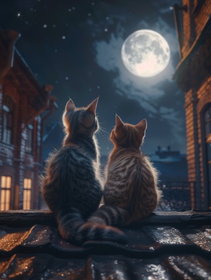 星空夜晚下的可爱猫猫观月景