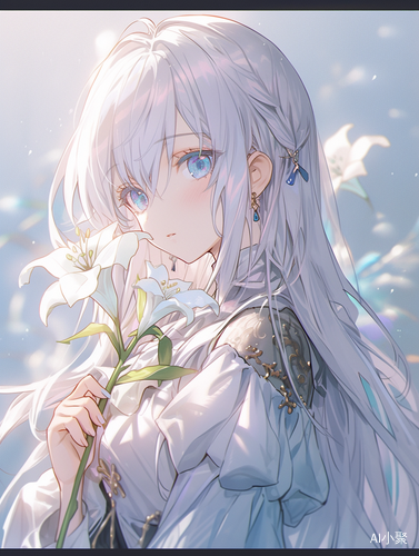 Luminous Dreamlike Anime Girl with White Hair and Flower