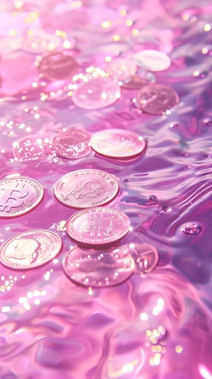 coins on pink water,wallpaper pink 775 hd,in the style of renhang,hyper-realistic water,anime.aesthetic photorealistic scenes,resin,light violet,larme kei.