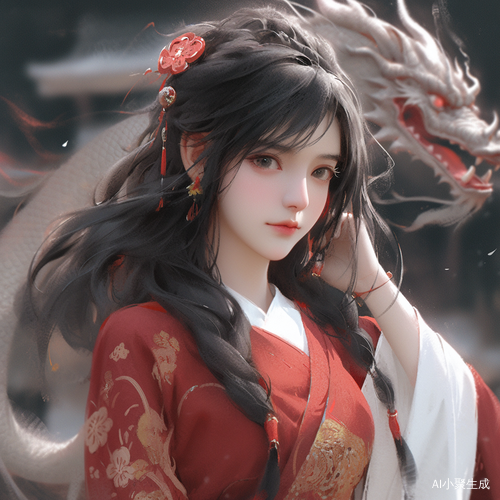 黑发长发女生穿金色汉服搭配白色装饰与红色龙
