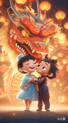 Chinese New Year: Pixar Style Animation with Cute Children, Dragon, and Coins